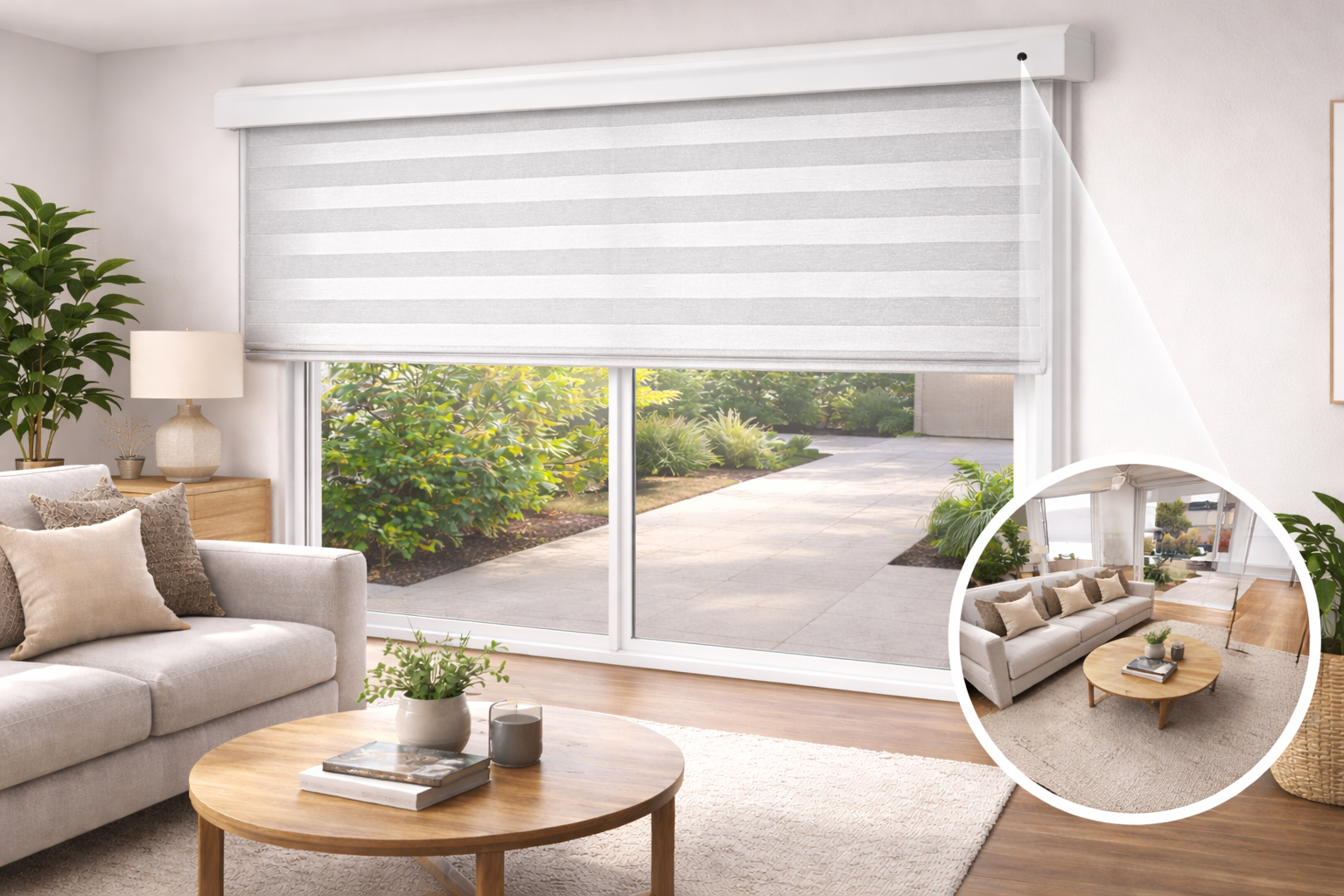 Close-up of BlindsGuard Pro camera lens integrated into the roller blind headrail end-cap